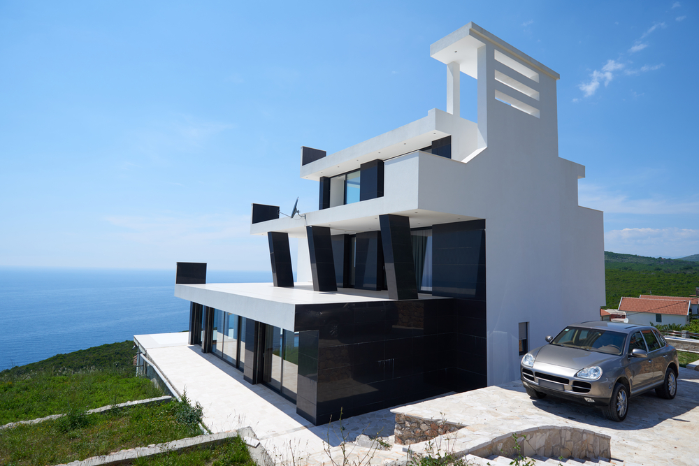 External view of a contemporary house modern villa at sunset